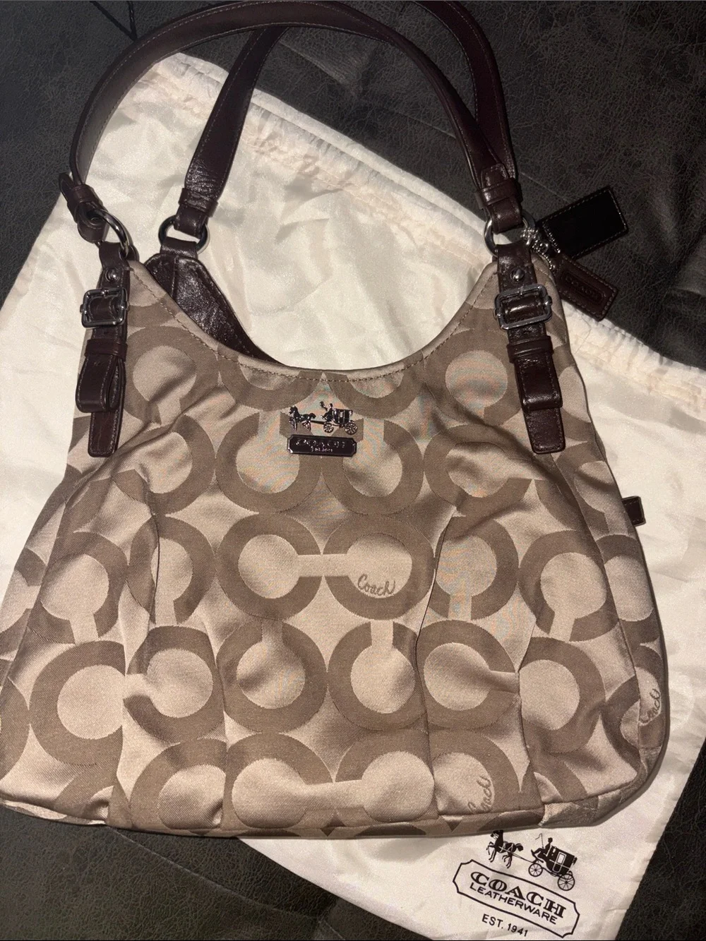 Coach Beige Signature Jacquard Shoulder Bag with Brown Trim